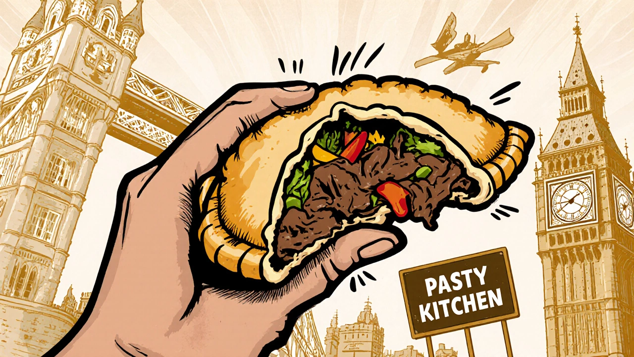 A Cornish pasty being eaten, with London landmarks faintly visible in the background.