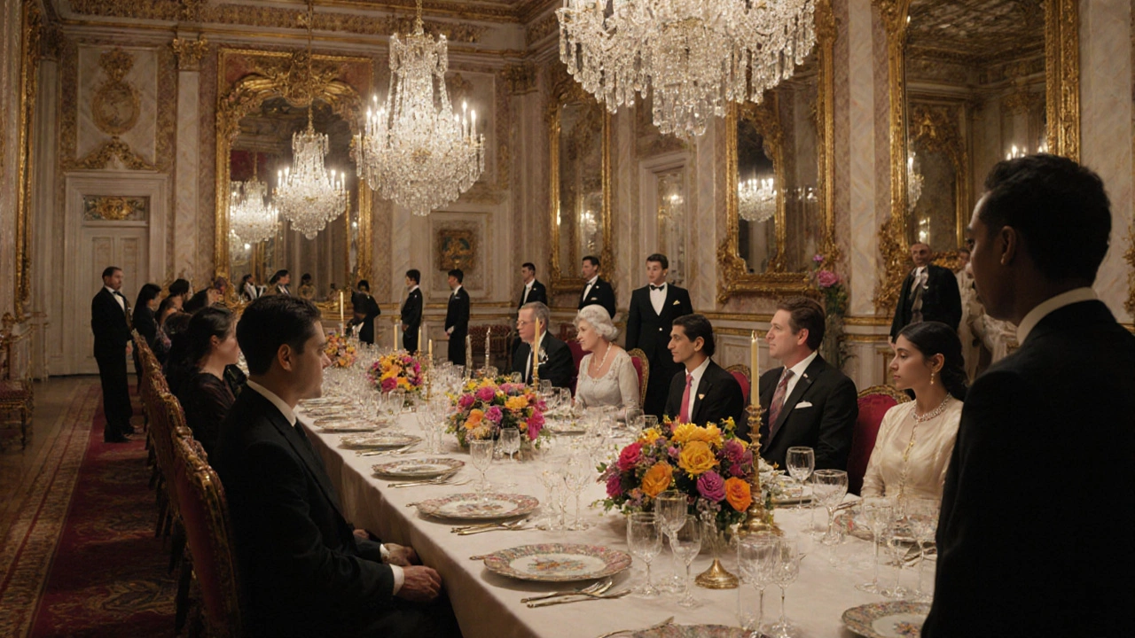 A grand state banquet in the Ballroom with the monarch and a visiting head of state seated at the center.