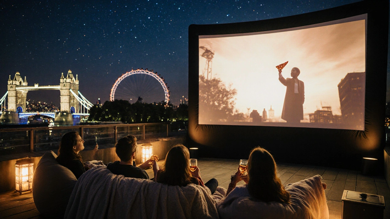 A group relaxing on beanbags at a rooftop cinema with London&#039;s skyline behind them.