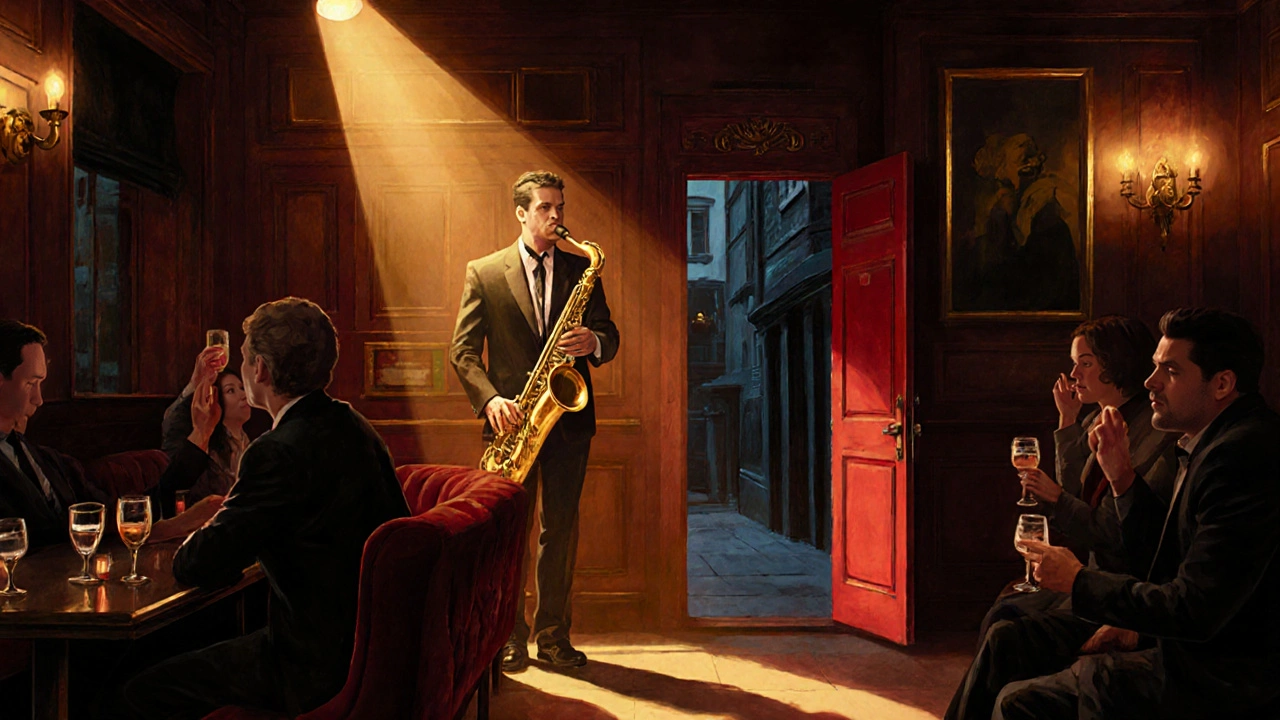 A jazz musician plays in a dimly lit Soho bar as patrons enjoy drinks in a cozy, vintage setting.