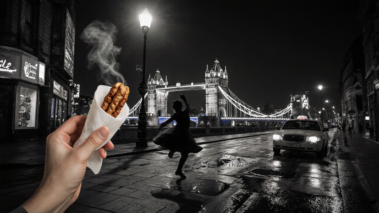 A lone dancer spins under a streetlamp at 3 a.m. with a kebab in hand, reflecting London&#039;s late-night energy.