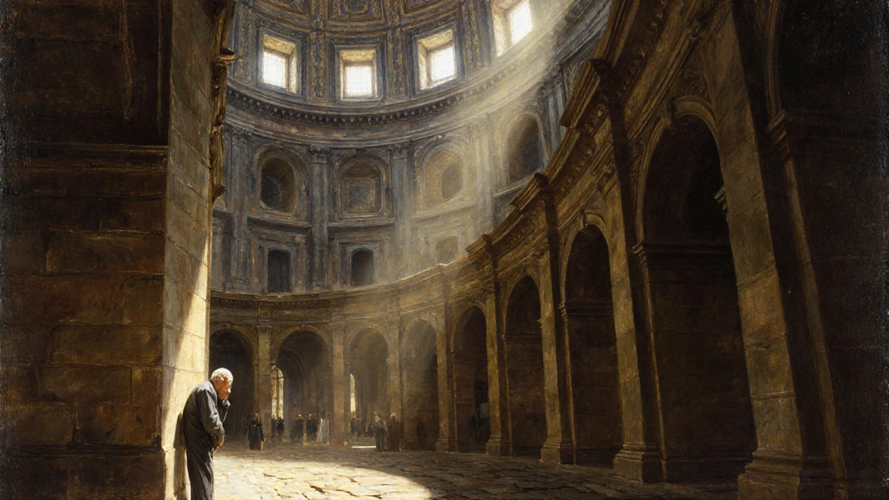 A man whispering in St. Paul’s Whispering Gallery, sunlight streaming through high windows.