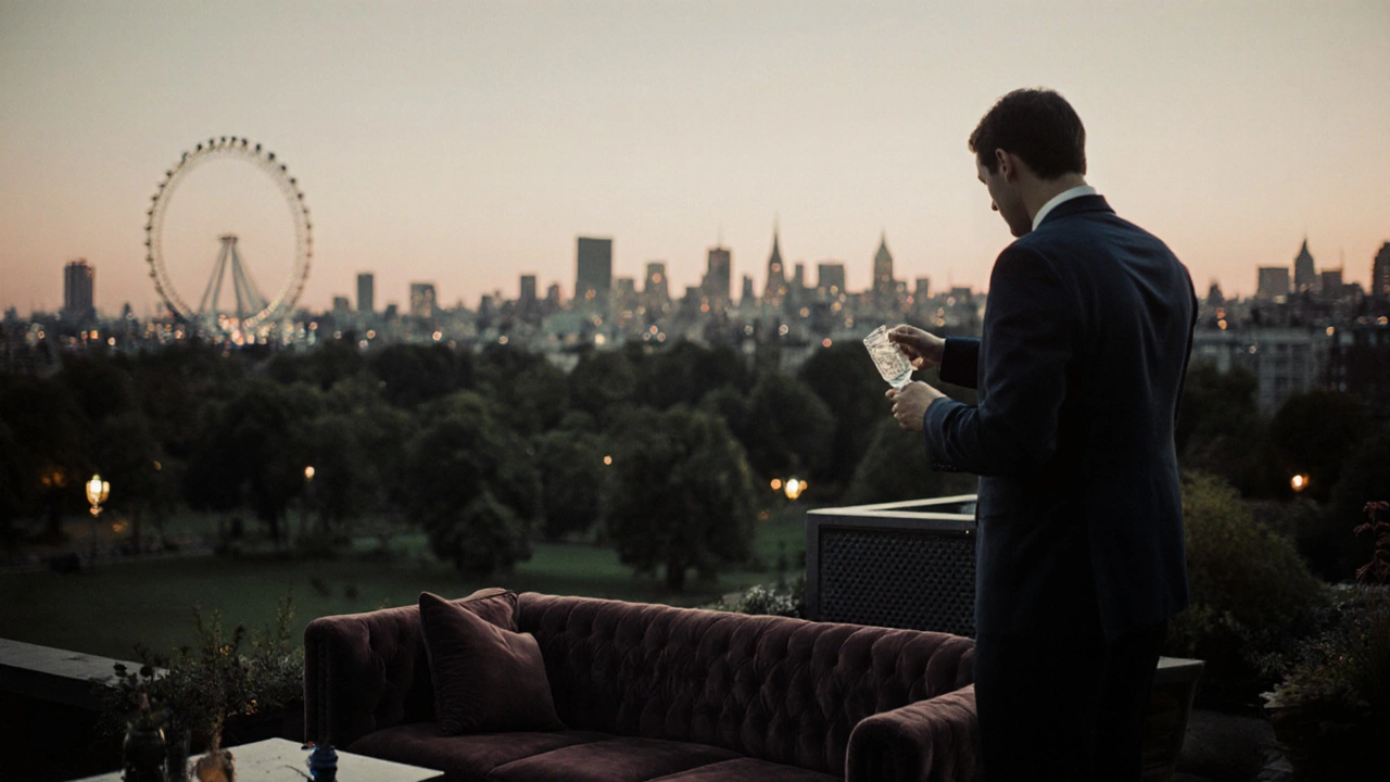 A quiet rooftop bar at dusk overlooking Hyde Park, a person sipping a drink as city lights twinkle in the background.