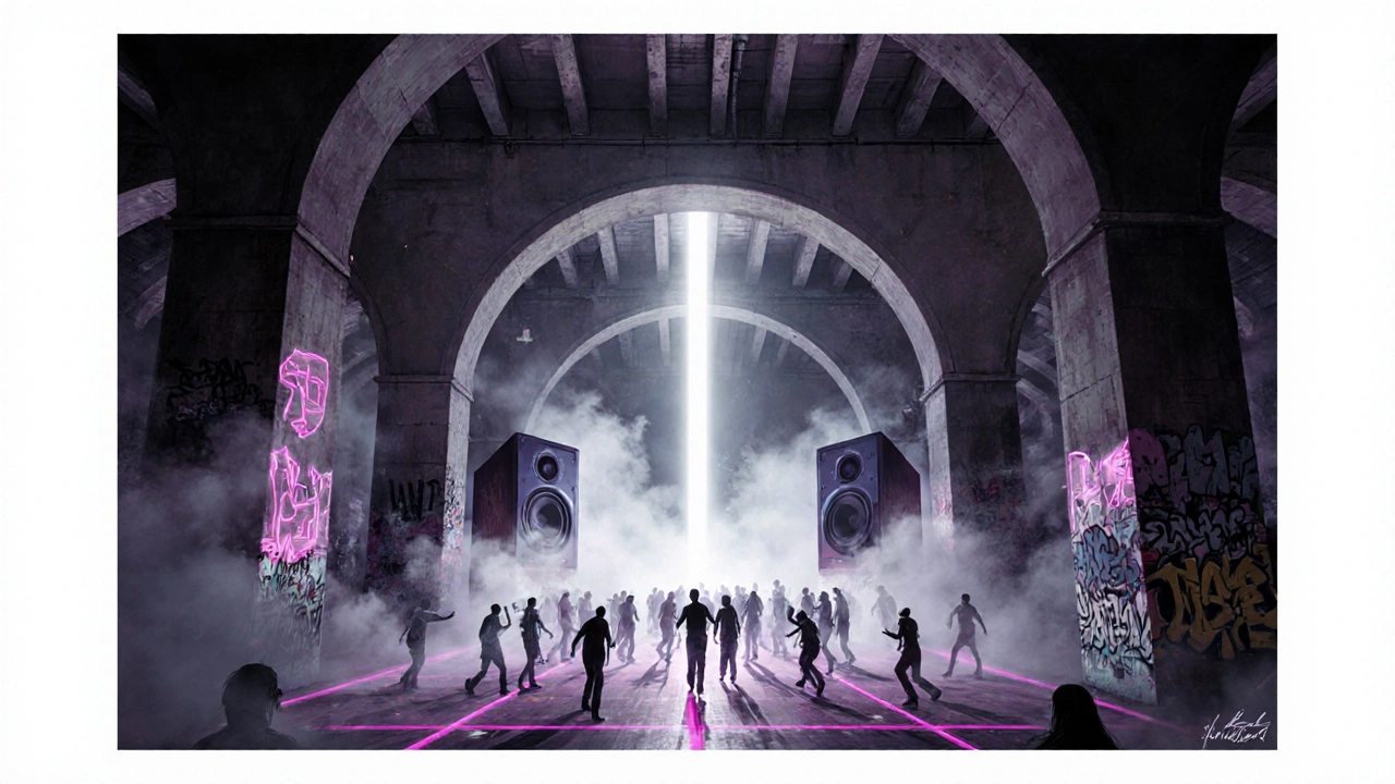 An industrial warehouse club with towering speakers and foggy dance floors lit by neon beams in a cyberpunk vibe.