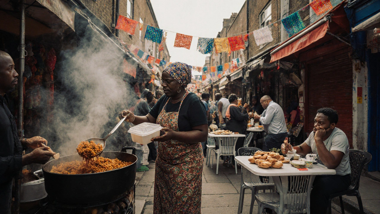 Brick Lane Sunday morning with jollof rice and bagels being served amid diverse street food stalls.