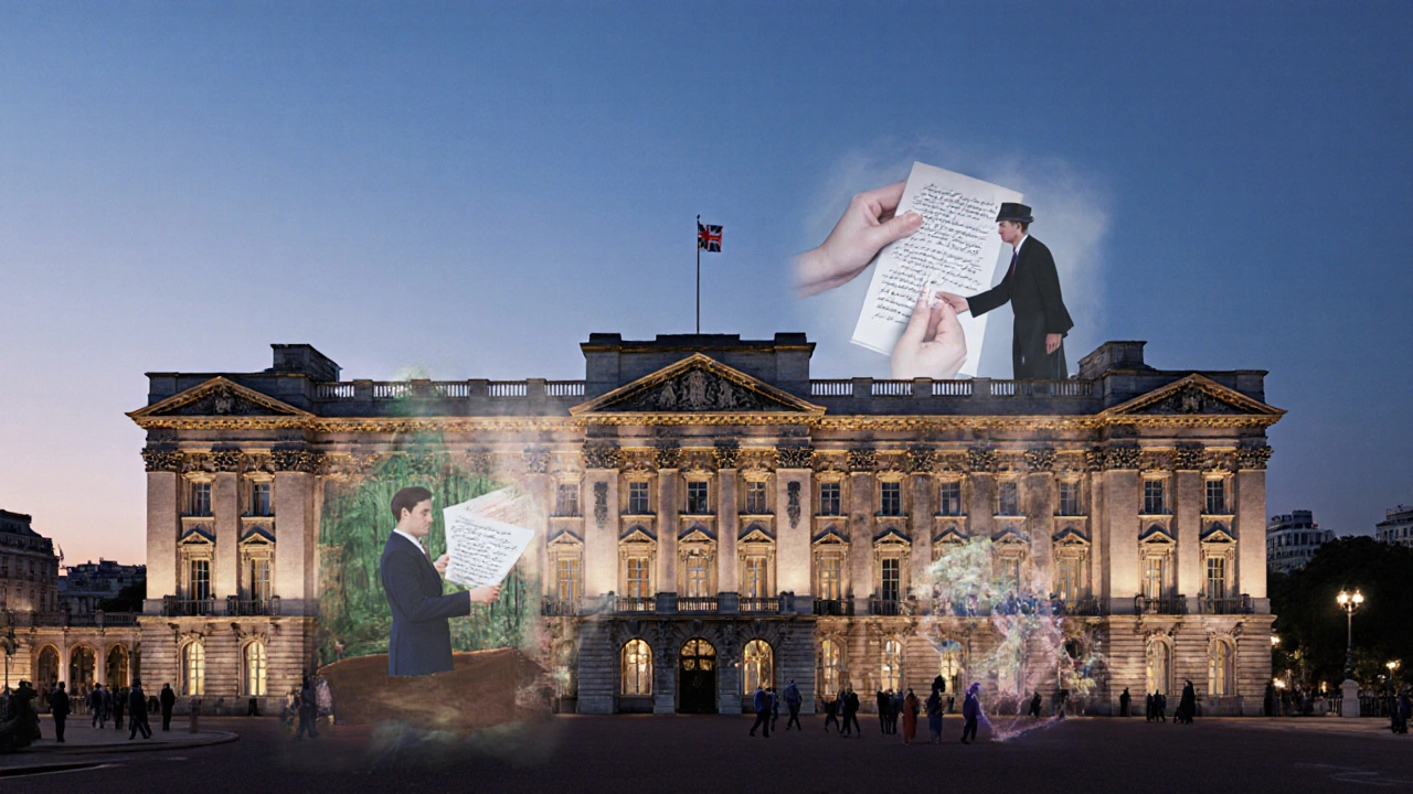 Buckingham Palace at twilight, subtly overlaid with scenes of quiet diplomatic moments across its walls.