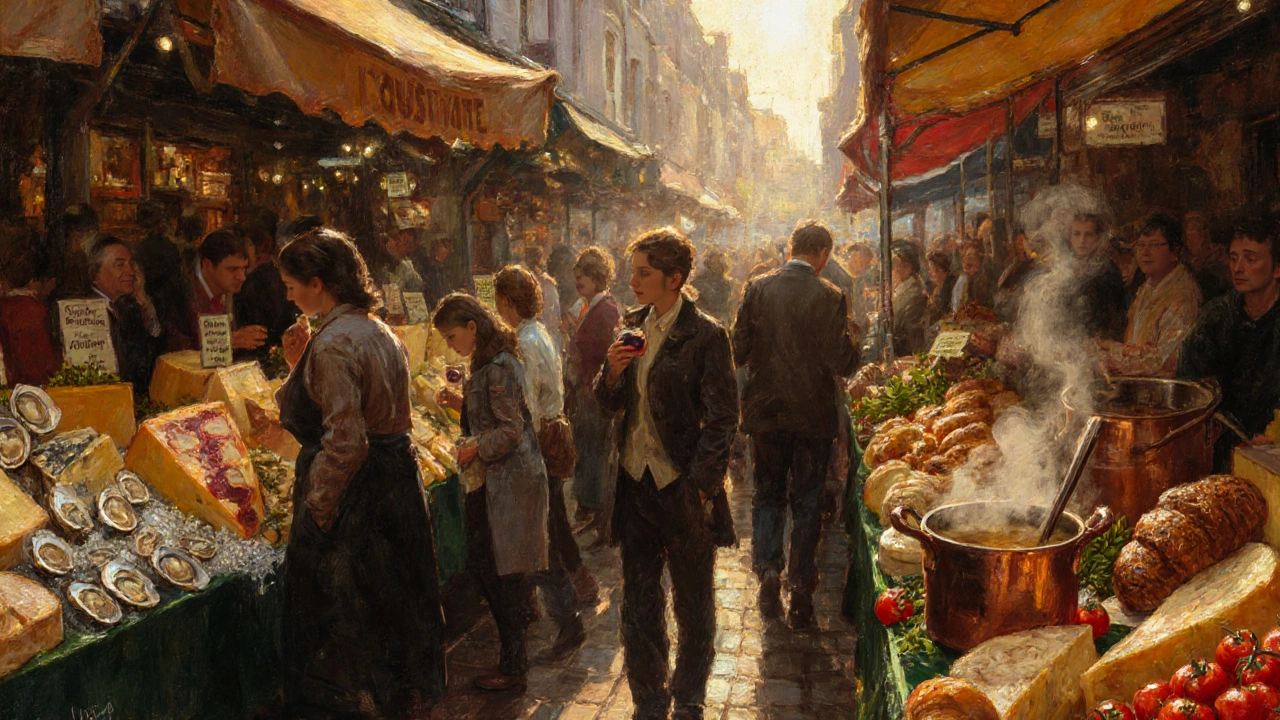 Bustling Borough Market with stalls of cheese, oysters, and pastries in golden afternoon light.