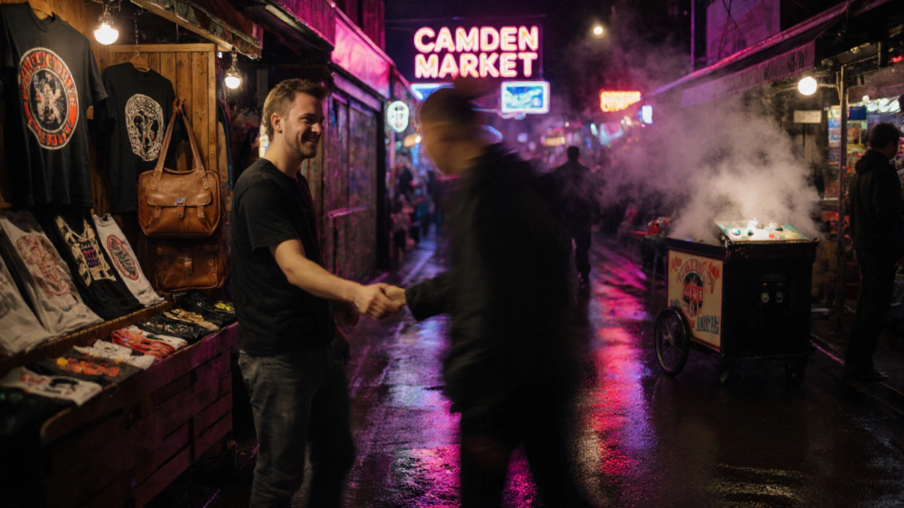 Camden Market at midnight with neon signs and vintage clothing stalls.