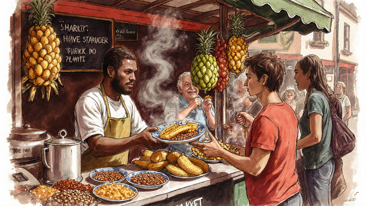 Caribbean stall serving plantain and beans at Walthamstow Market.