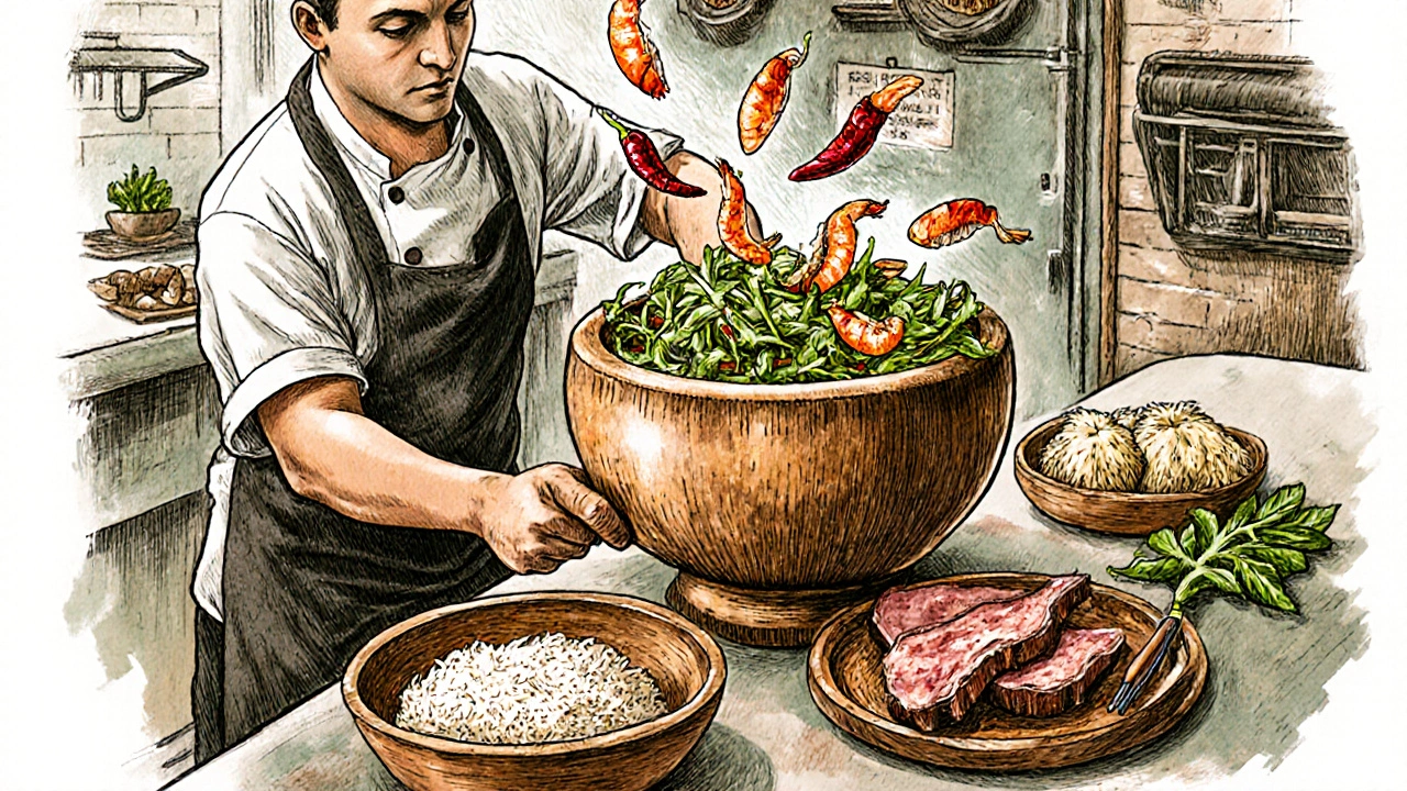 Chef pounding fresh papaya salad in a wooden mortar at Isaan Thai, chilies and shrimp visible.