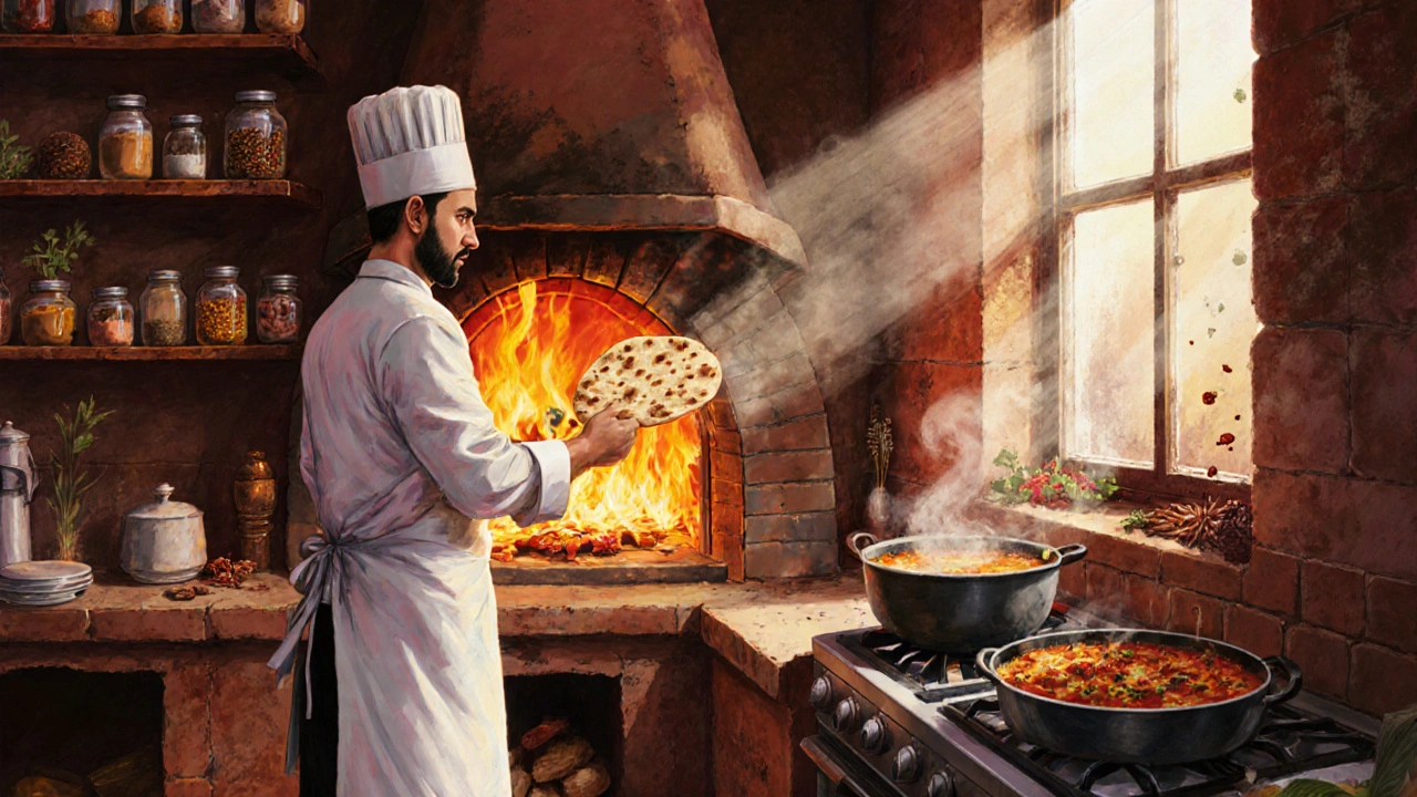 Chef pulling fresh naan from a tandoor oven in a vibrant Wembley kitchen.