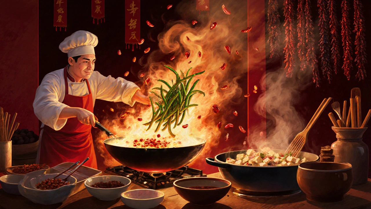 Chef stir-frying spicy green beans in a wok with chili oil and Sichuan peppercorns.