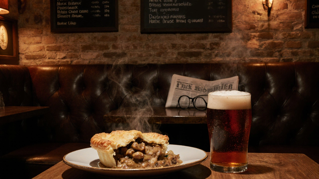 Chicken and mushroom pie with flaky crust and rich gravy served in a cozy Brixton pub.