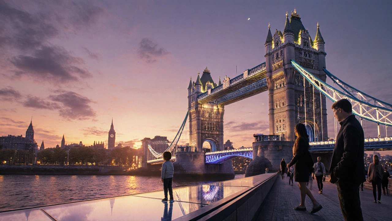 Child standing on Tower Bridge’s glass floor with Thames below