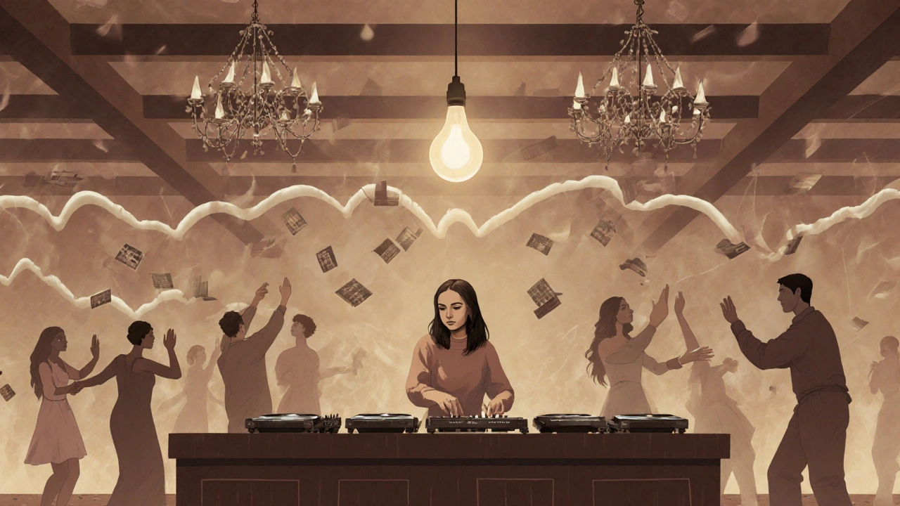 Clara Voss at The Nest, creating an intimate atmosphere with ambient electronica as couples dance softly under soft lighting.