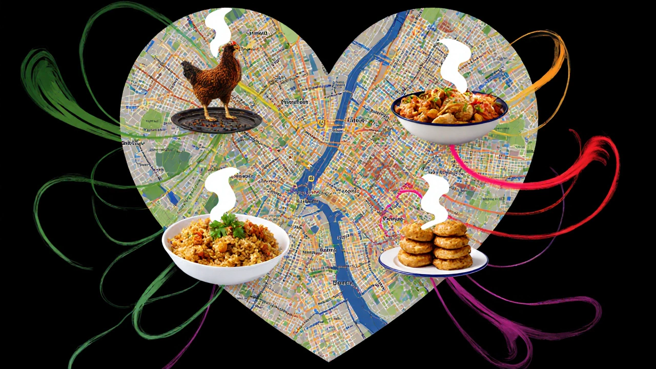 Colorful mosaic map of London neighborhoods represented by iconic ethnic dishes.