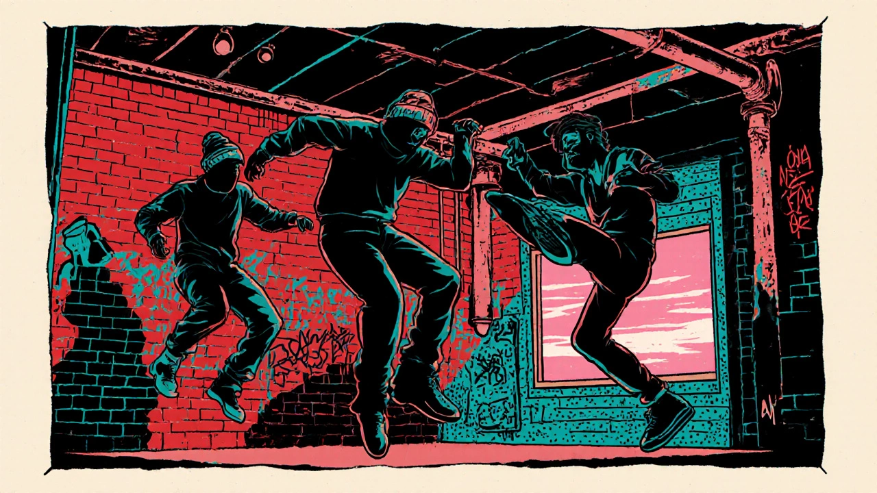 Comic-style scene of people dancing in an industrial warehouse as the sun rises, vibrant colors and dynamic motion lines.