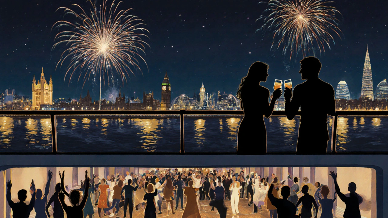 Couple silhouetted on a boat deck at midnight, surrounded by glowing London lights and fireworks.