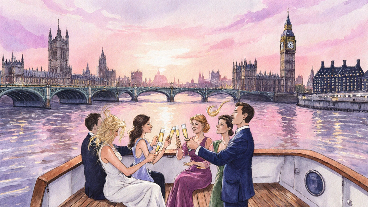Couples toasting champagne on a sunset cruise as Big Ben silhouettes the horizon.