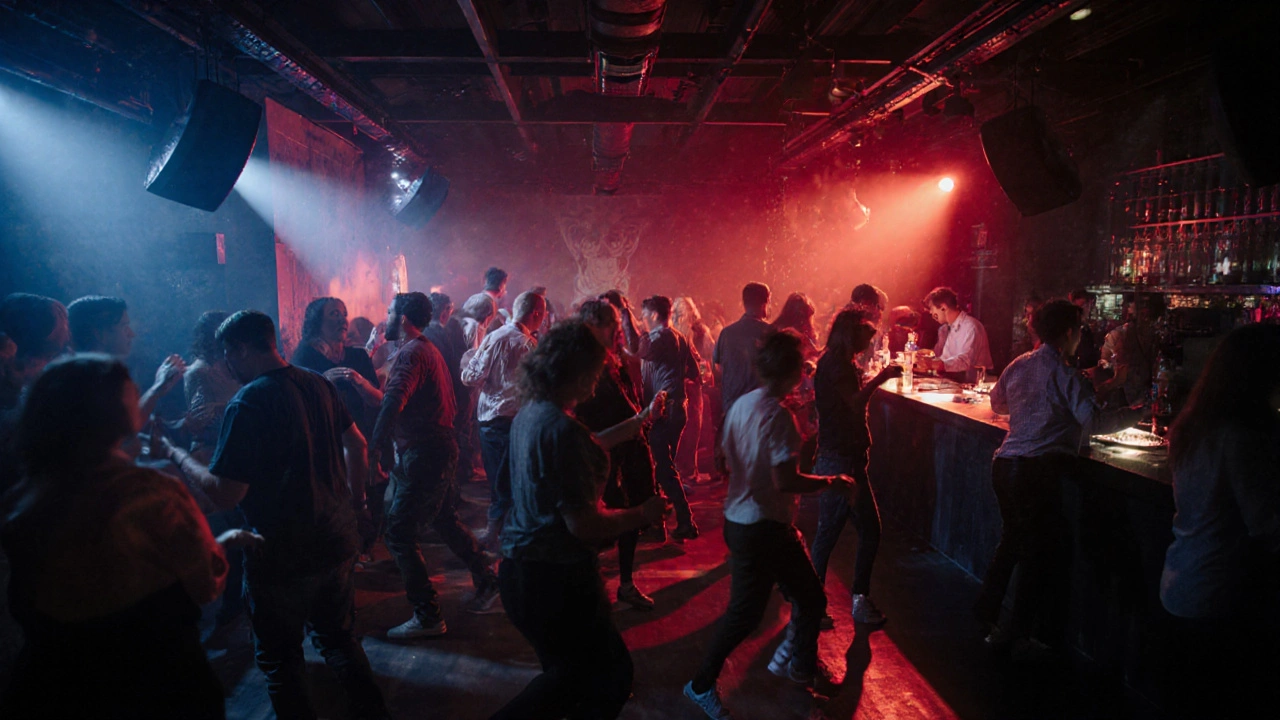 Crowd dancing in Metropolis London&#039;s dimly lit warehouse club with moody red and blue lighting.