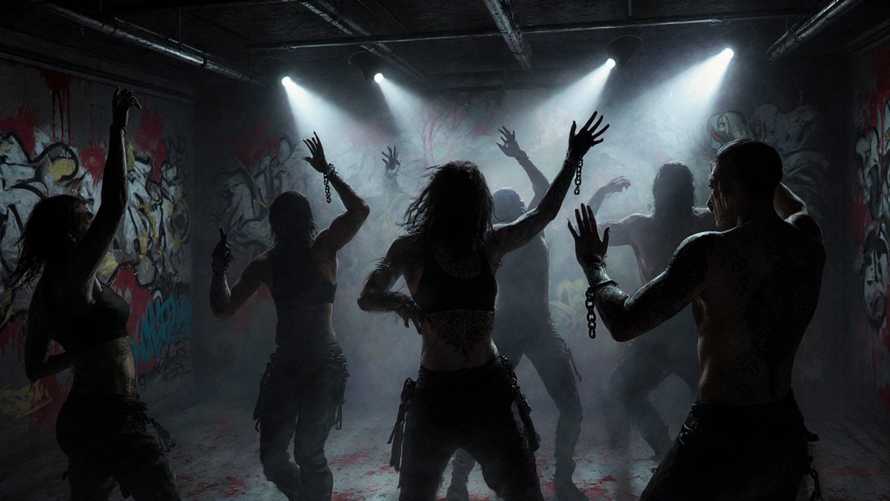 Dark basement dance floor with pulsing lights and shadowy figures moving to heavy techno.