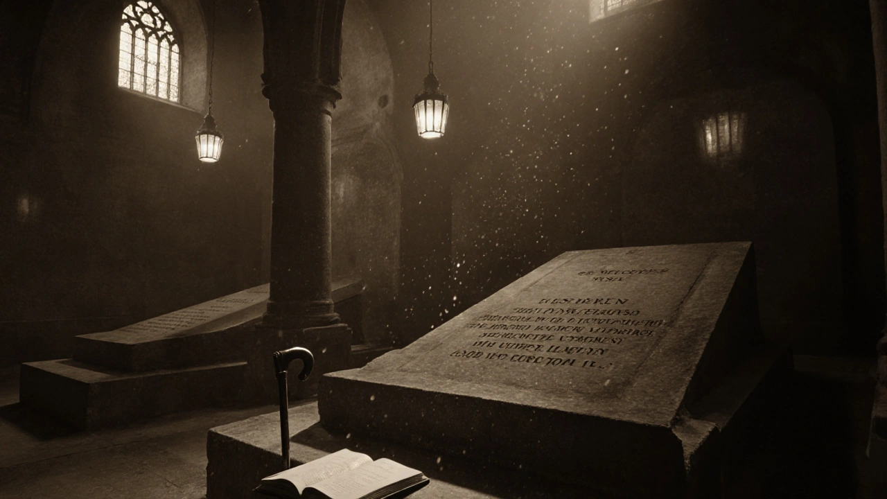 Dimly lit crypt of St. Paul&#039;s with tombs of Nelson, Wellington, and Wren, illuminated by oil lamps.