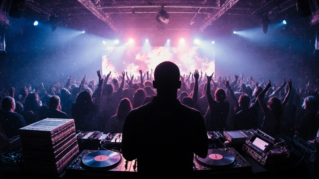 DJ Kofi playing rare 90s garage tracks at Fabric, with a dark, immersive crowd lost in the music under cool colored lights.
