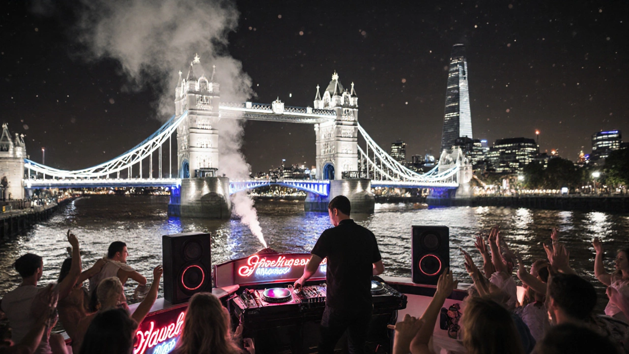 DJ spinning on a retro boat deck under neon lights as the city skyline glows behind.