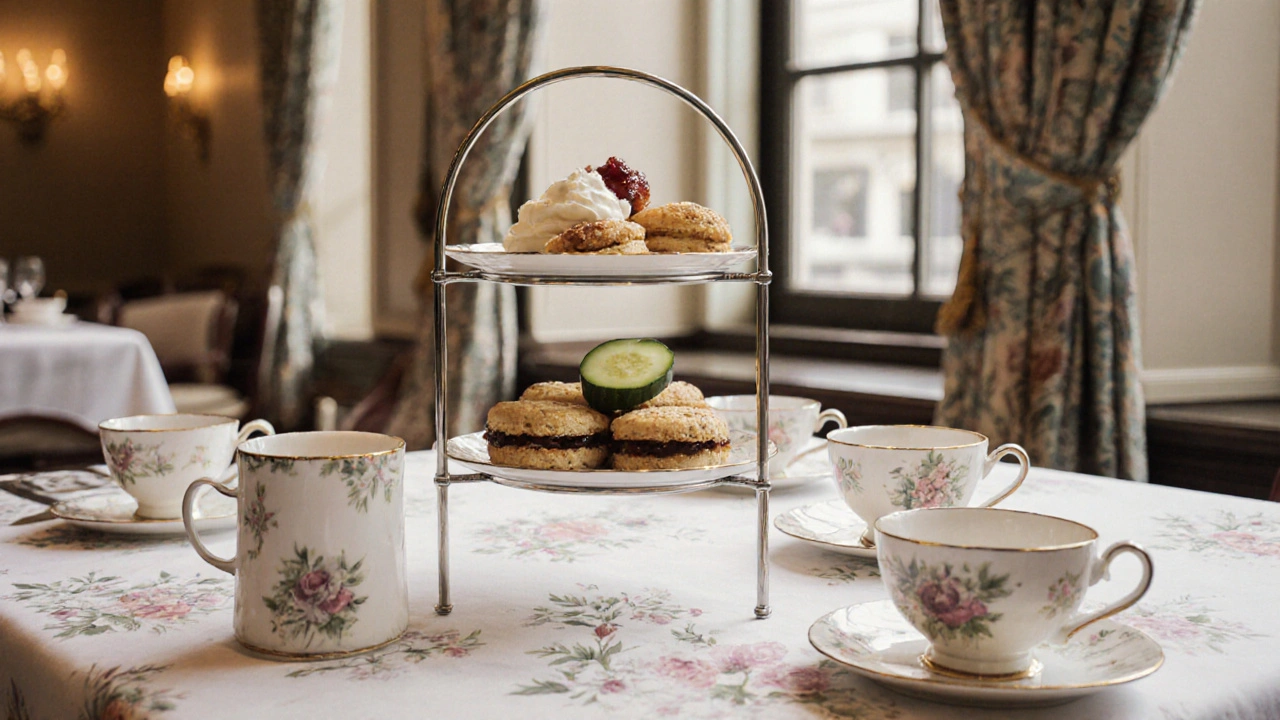 Elegant afternoon tea spread with scones, pastries, and fine china on a polished table.