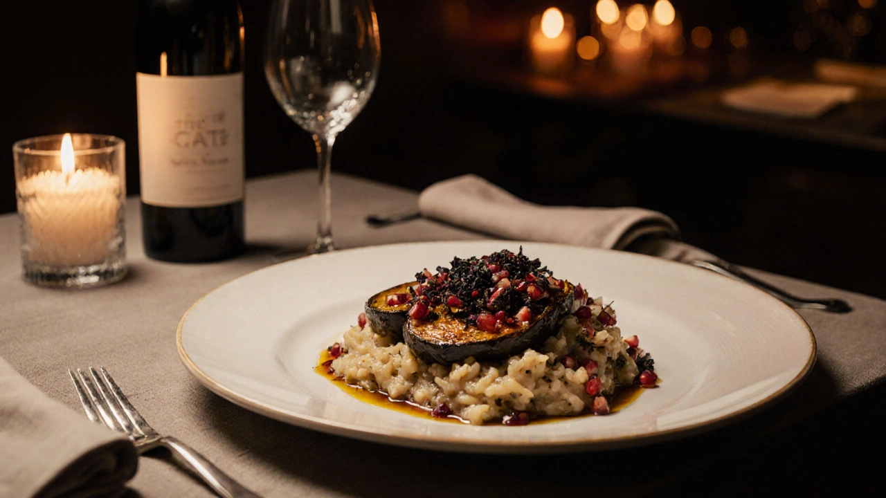 Elegant Moroccan-spiced aubergine and mushroom risotto at The Gate