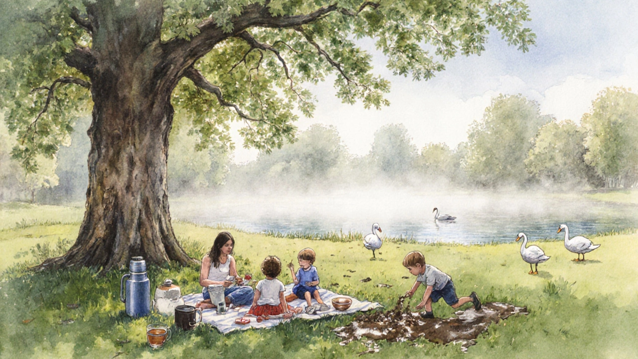 Family resting quietly on a blanket in Hampstead Heath at sunset
