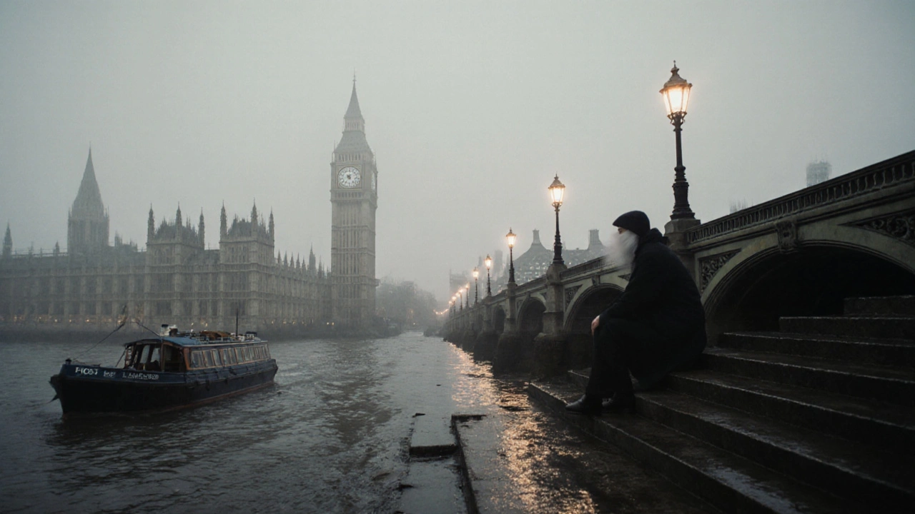 Foggy winter night by the Thames, Big Ben barely visible as a ghostly silhouette with a barge passing nearby.