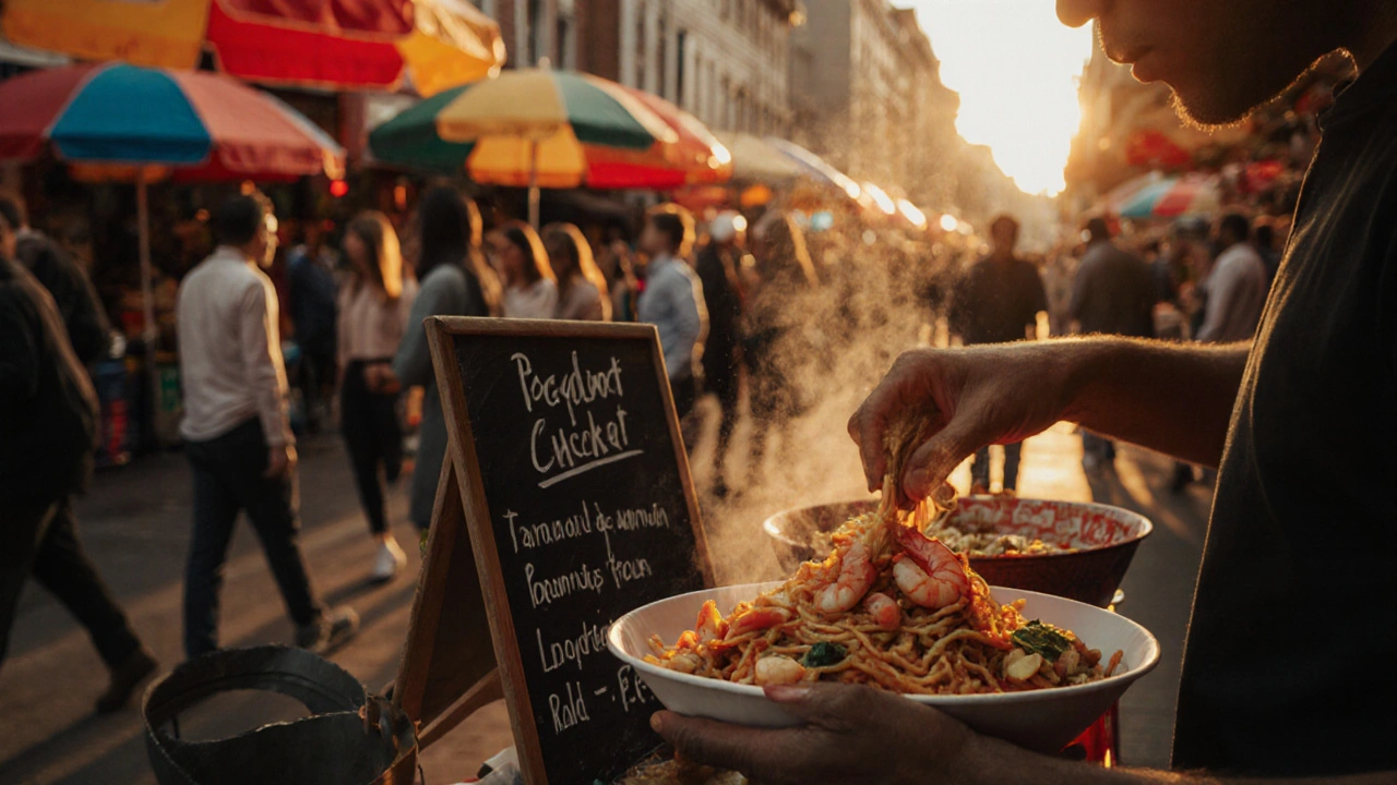 Fresh pad thai being served at a Camden Market food stall with steam rising