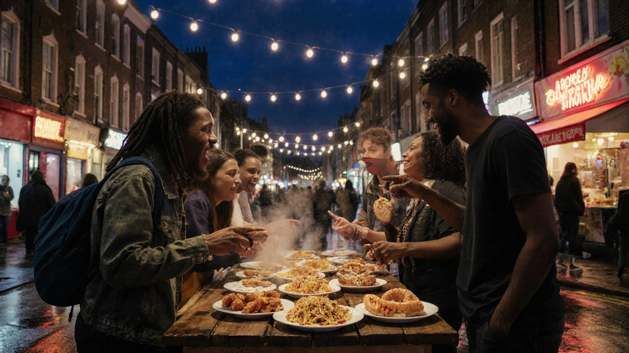 Friends sharing street food from colorful dishes under string lights in Brixton.