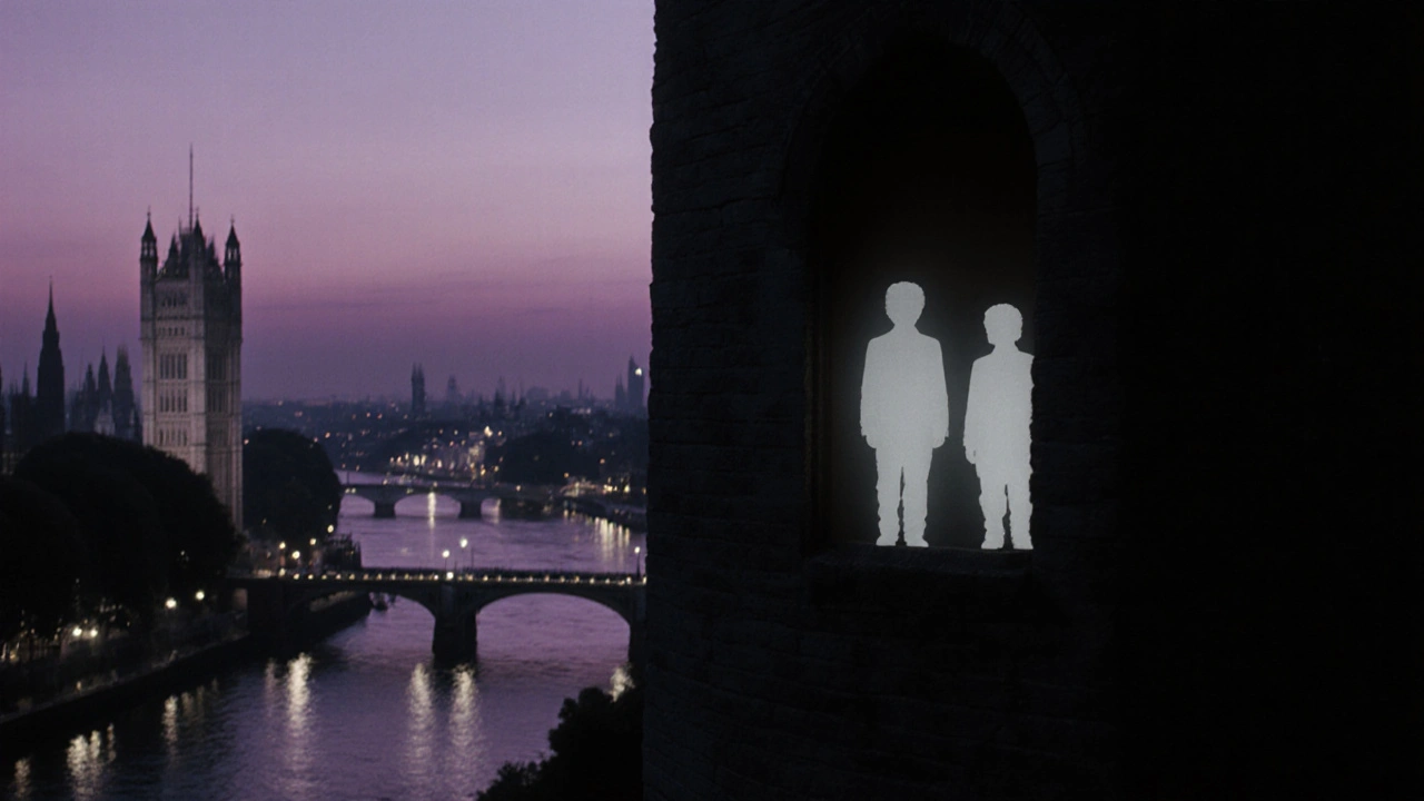 Ghostly figures at the Bloody Tower window at dusk, mist and Thames in background.