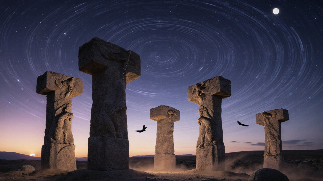 Göbekli Tepe&#039;s carved stone pillars under a starry sky, illuminated by faint torchlight.
