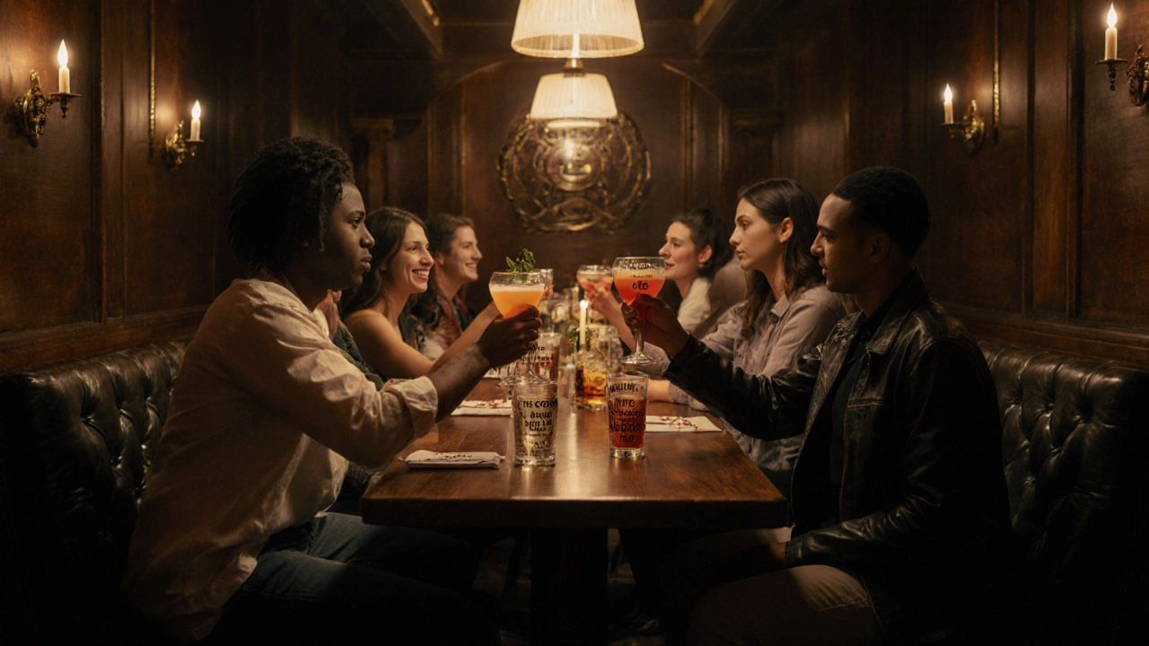 Group of men raising custom-named cocktails in a warm, candlelit speakeasy bar.