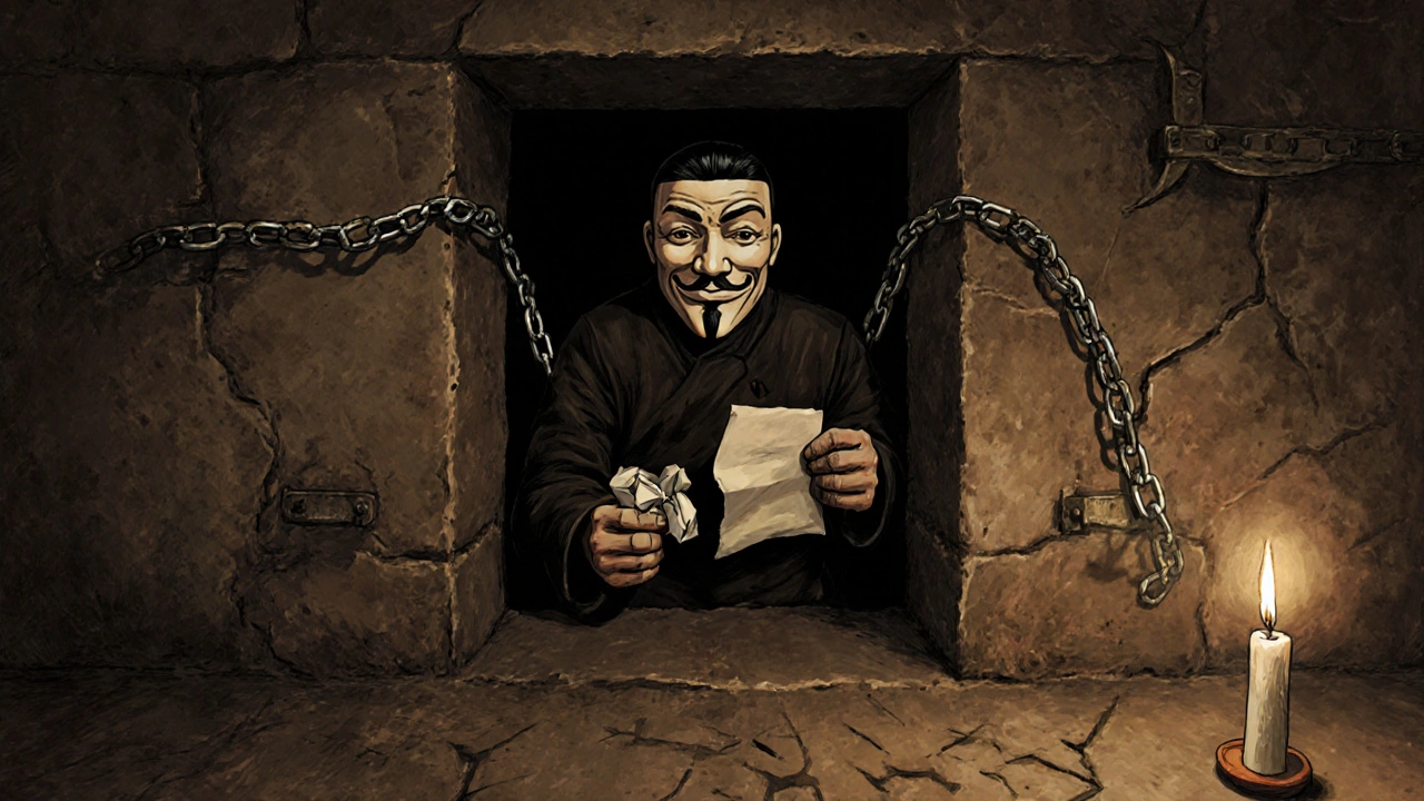 Guy Fawkes in his dark, chain-marked cell, holding a letter by candlelight.