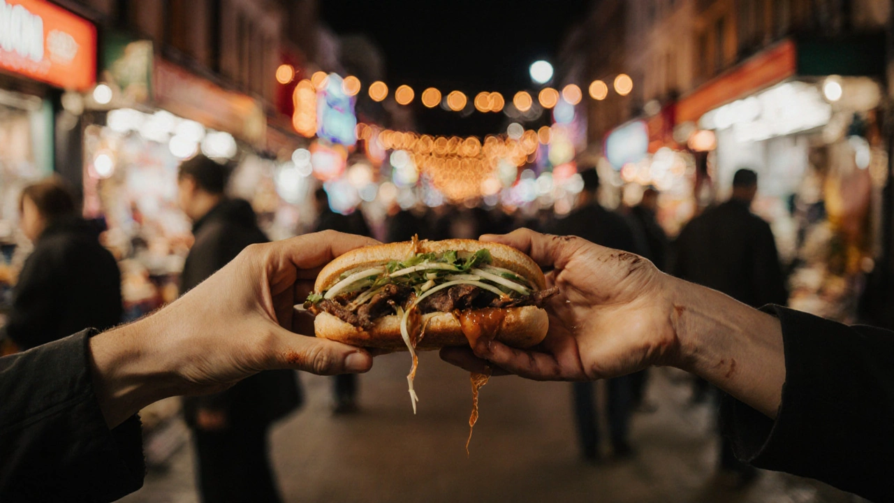 Hand delivering a Vietnamese banh mi at Camden Market after sunset.