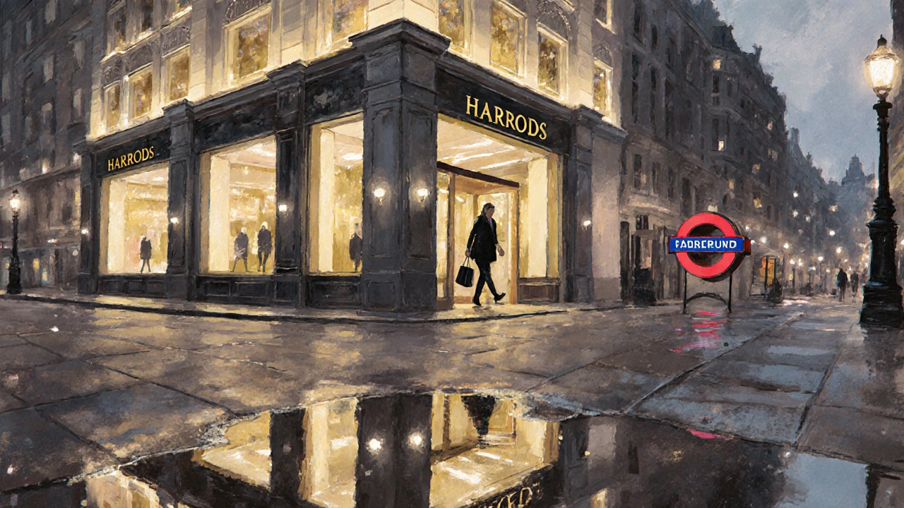 Harrods illuminated at dusk with a shopper exiting under golden lights.