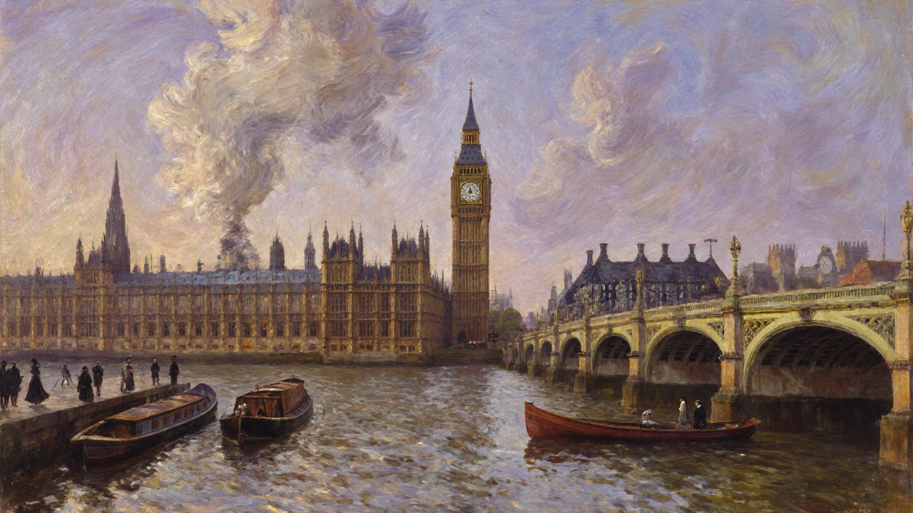 Impressionist view of Big Ben and the Thames from St. Thomas’ Hospital in the 1850s, with historic barges and figures.