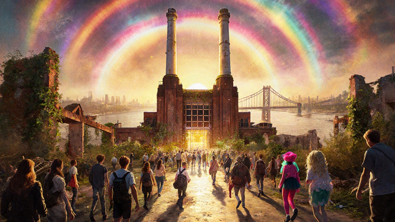 Industrial building glowing with soundwaves, diverse people flowing into it at dawn.