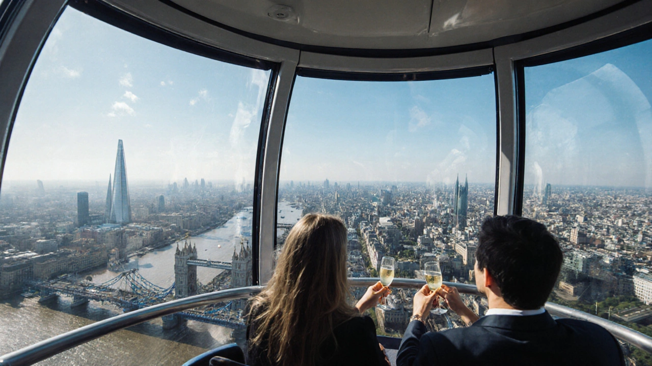 Inside a London Eye capsule, passengers enjoy a calm view of London’s skyline including the Shard and Tower Bridge.