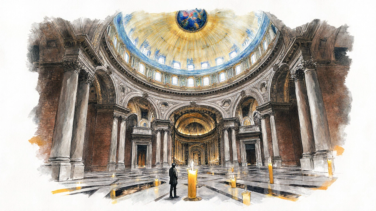 Interior view of St. Paul&#039;s Cathedral dome with layered structure and candlelight casting warm glows on the floor.