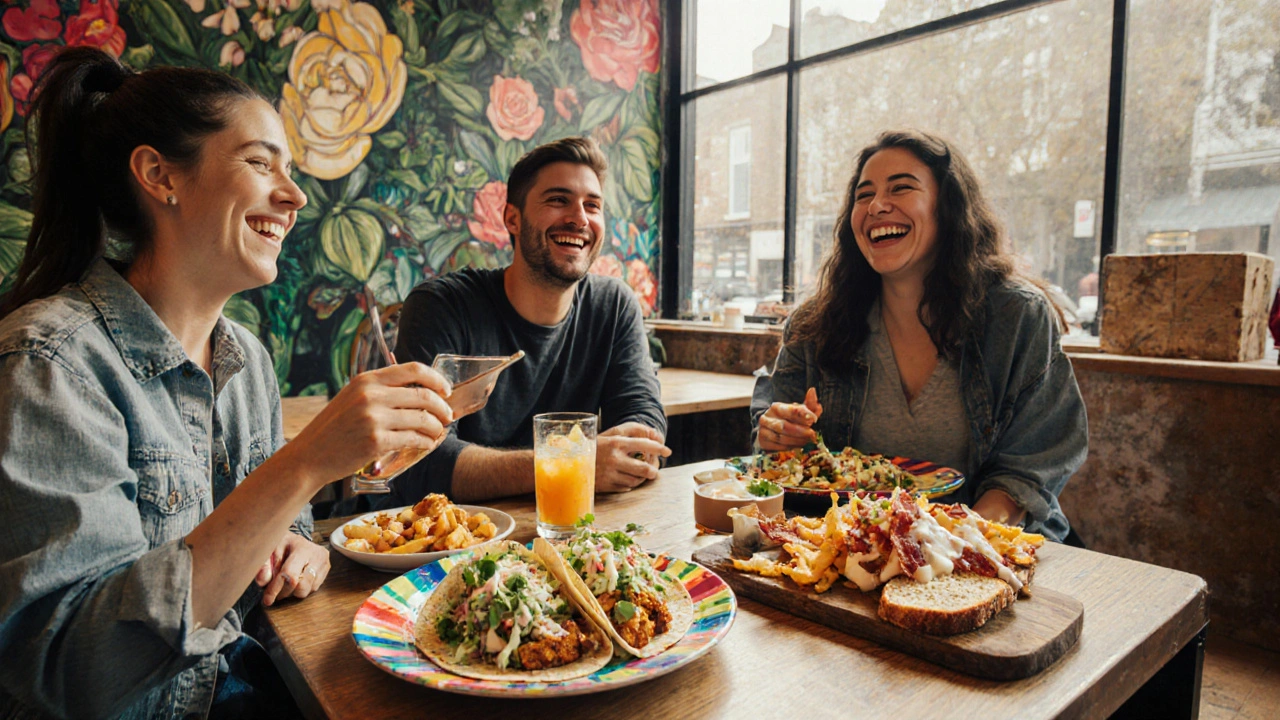 Jackfruit tacos and loaded fries at Kitchen 22 during weekend brunch