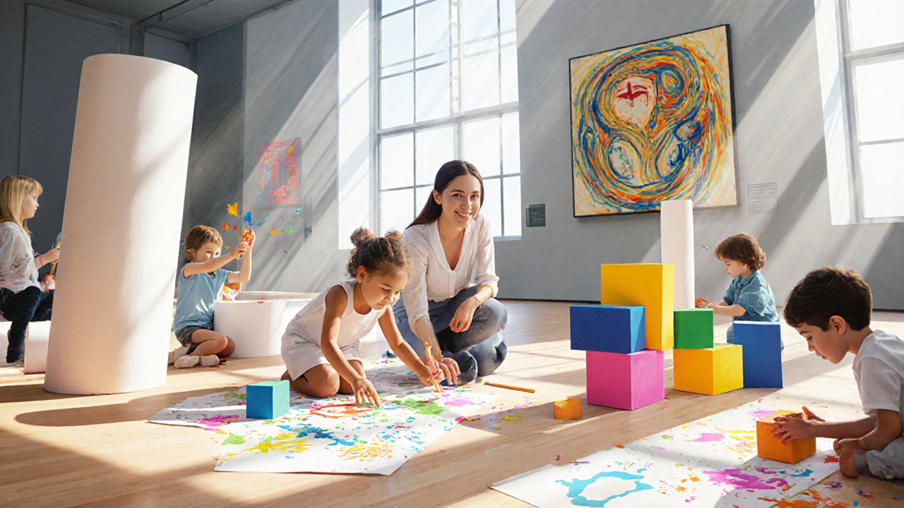Kids painting and sculpting on the Family Floor at Tate Modern, with abstract art visible in the background.