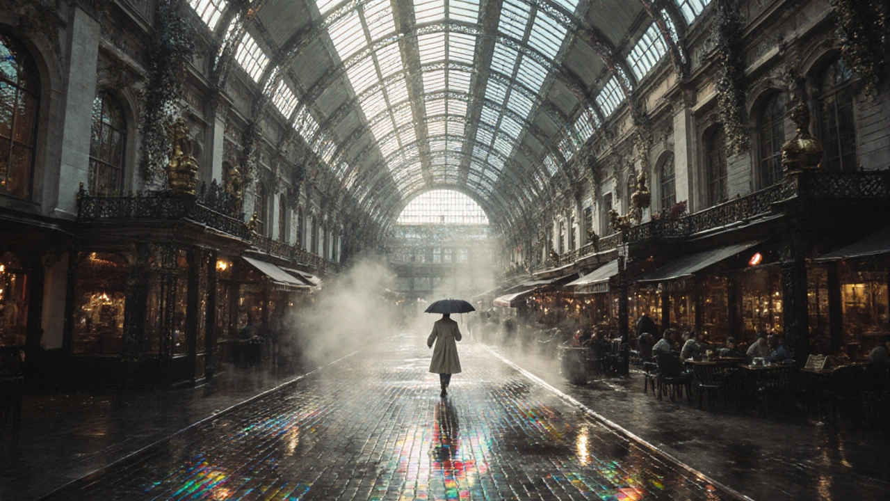 Leadenhall Market&#039;s glass roof casting rainbow reflections on wet cobblestones after rain.