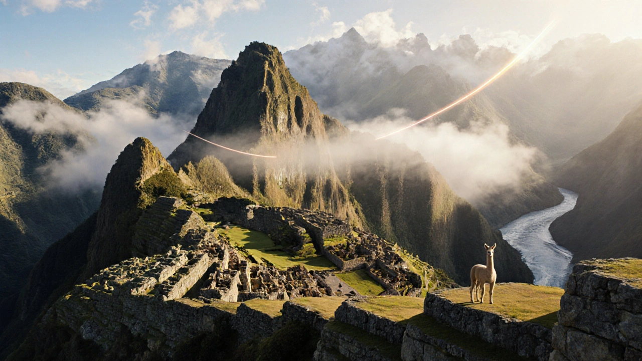 Machu Picchu at sunrise with terraces and mist, a llama on a temple platform under celestial lines.
