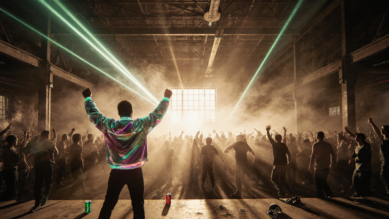 Massive warehouse rave at sunrise with lasers and fog, dancers silhouetted against golden light streaming through high windows.
