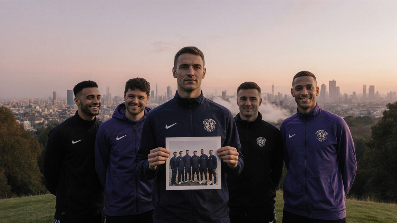 Men standing on a hill at sunrise in Richmond Park, looking at a photo together.